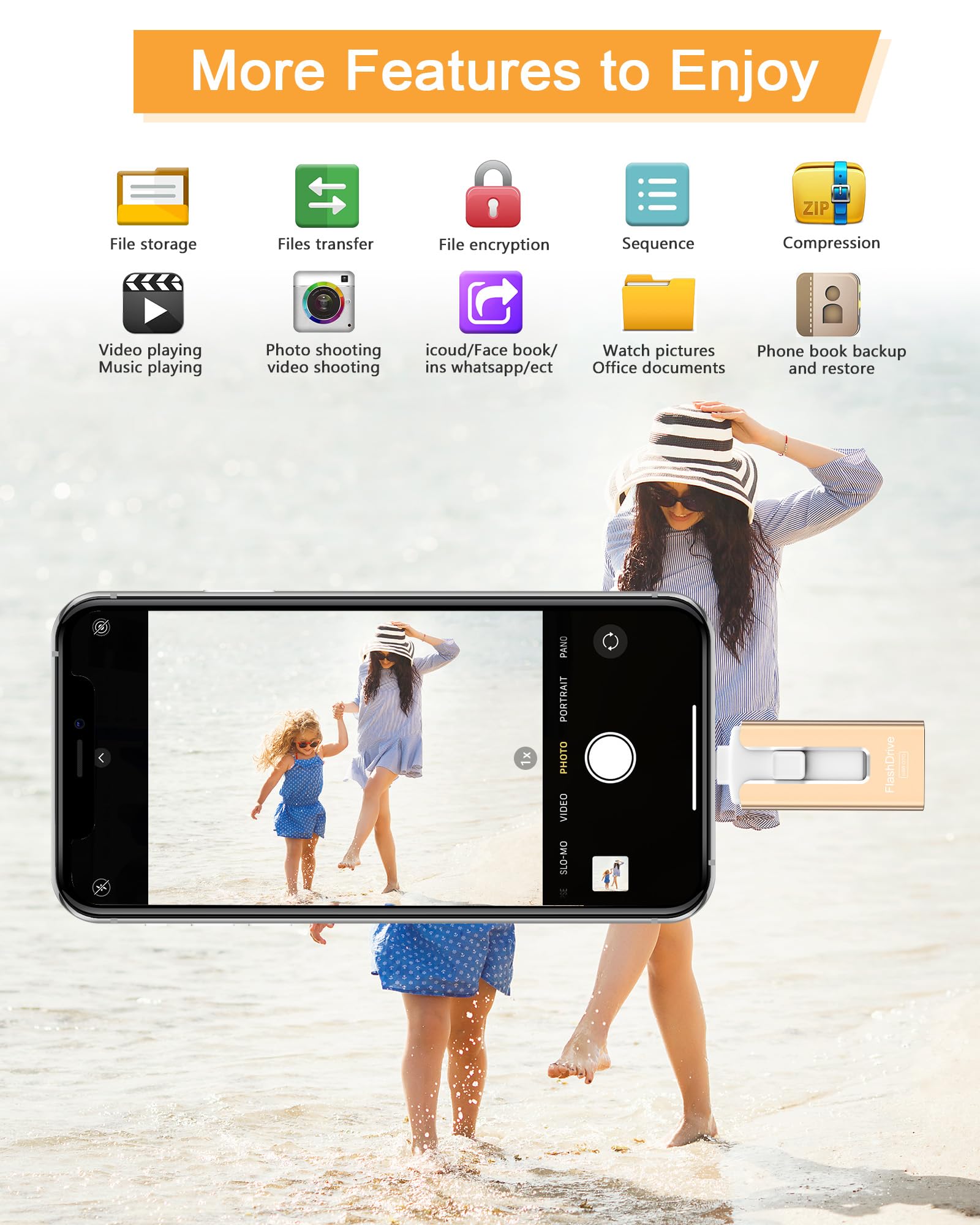 GNASEET 256GB USB Flash Drive for Phone & Pad, High-Speed Photo Stick, Gold Memory Storage for Photos & Videos